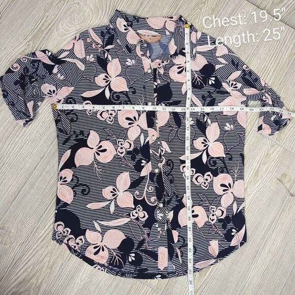 SJS Womens Petite Large Button Front Blouse Blue Pink Floral Roll Tab Sleeves - Picture 8 of 8